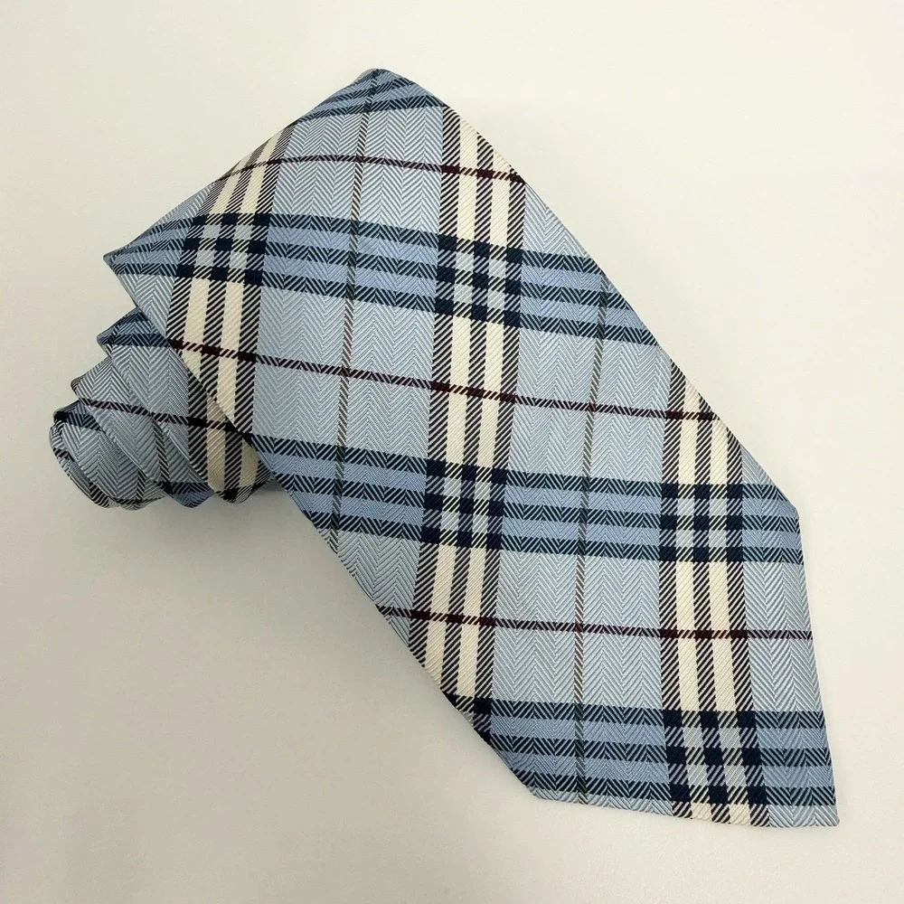 Burberry London Mens Tie Classic Blue Nova Check Plaid Silk 3.5